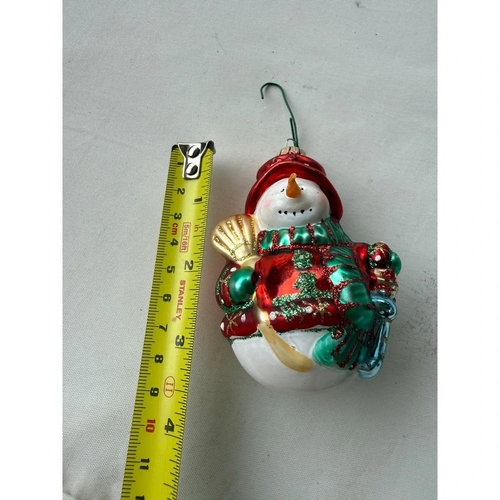 Red Green Blown Glass Snowman Christmas Ornament Glitter Accents 4 Inch Holiday